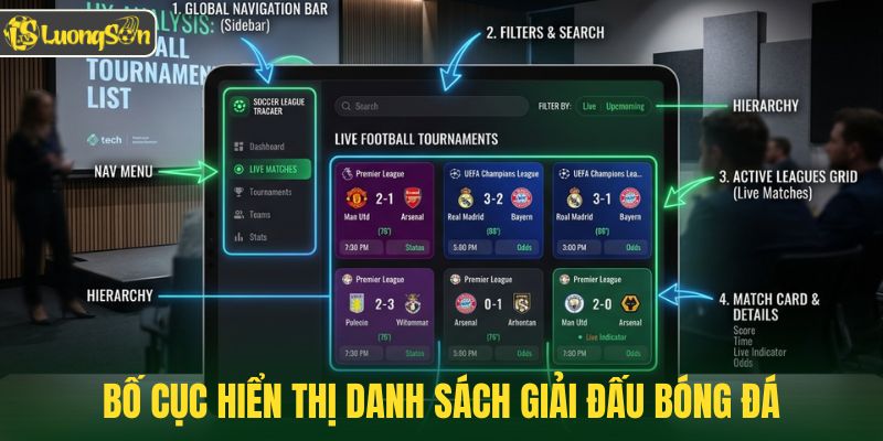 Phân tích bố cục hiển thị danh sách giải đấu bóng đá